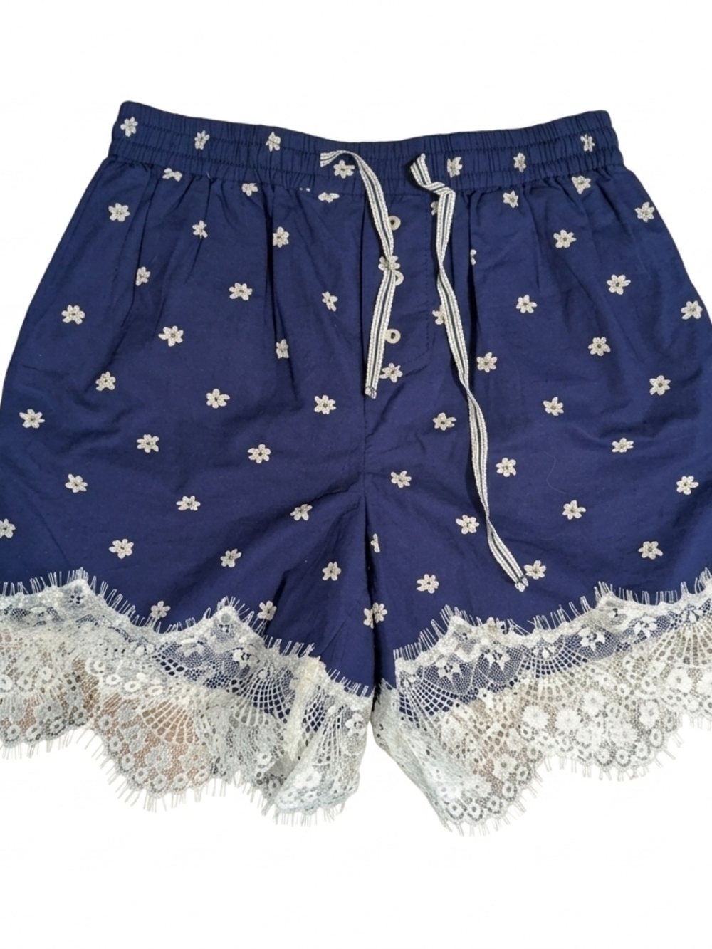 Anthropologie Blue Daisy Print Lace Hem Shorts NWT XXS Cotton Summer Lounge